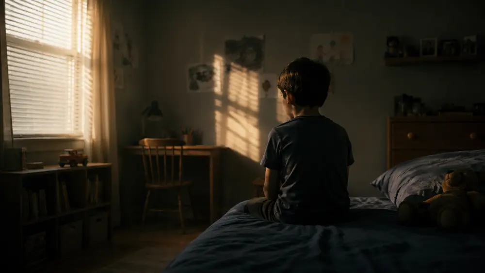 A boy sitting on the edge of a bed in a dark room