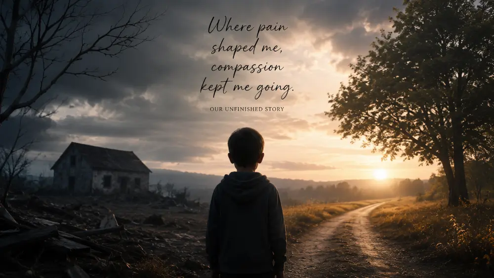 A young boy standing alone in a dimly lit hallway while warm light breaks through from a distant doorway, symbolizing childhood trauma, emotional survival, and the beginning of a lifelong journey toward healing and identity. The scene carries a reflective
