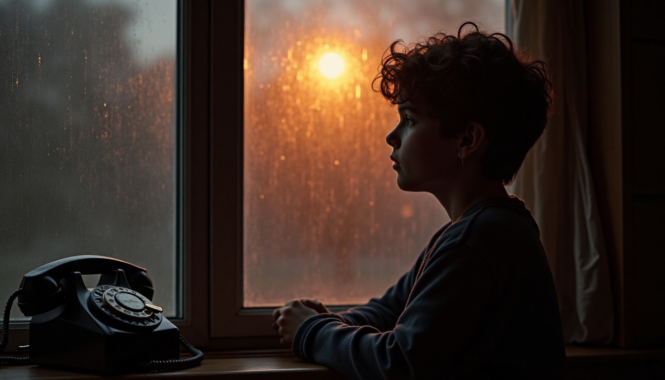 A young person sitting alone near a dim window with an old phone nearby, representing childhood abandonment, longing, and learning not to reach out for emotional support.