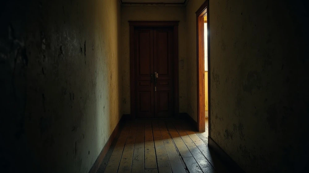 A dim hallway with a closed door slightly lit from the other side, representing the fear and uncertainty of a child waiting for what might happen next.