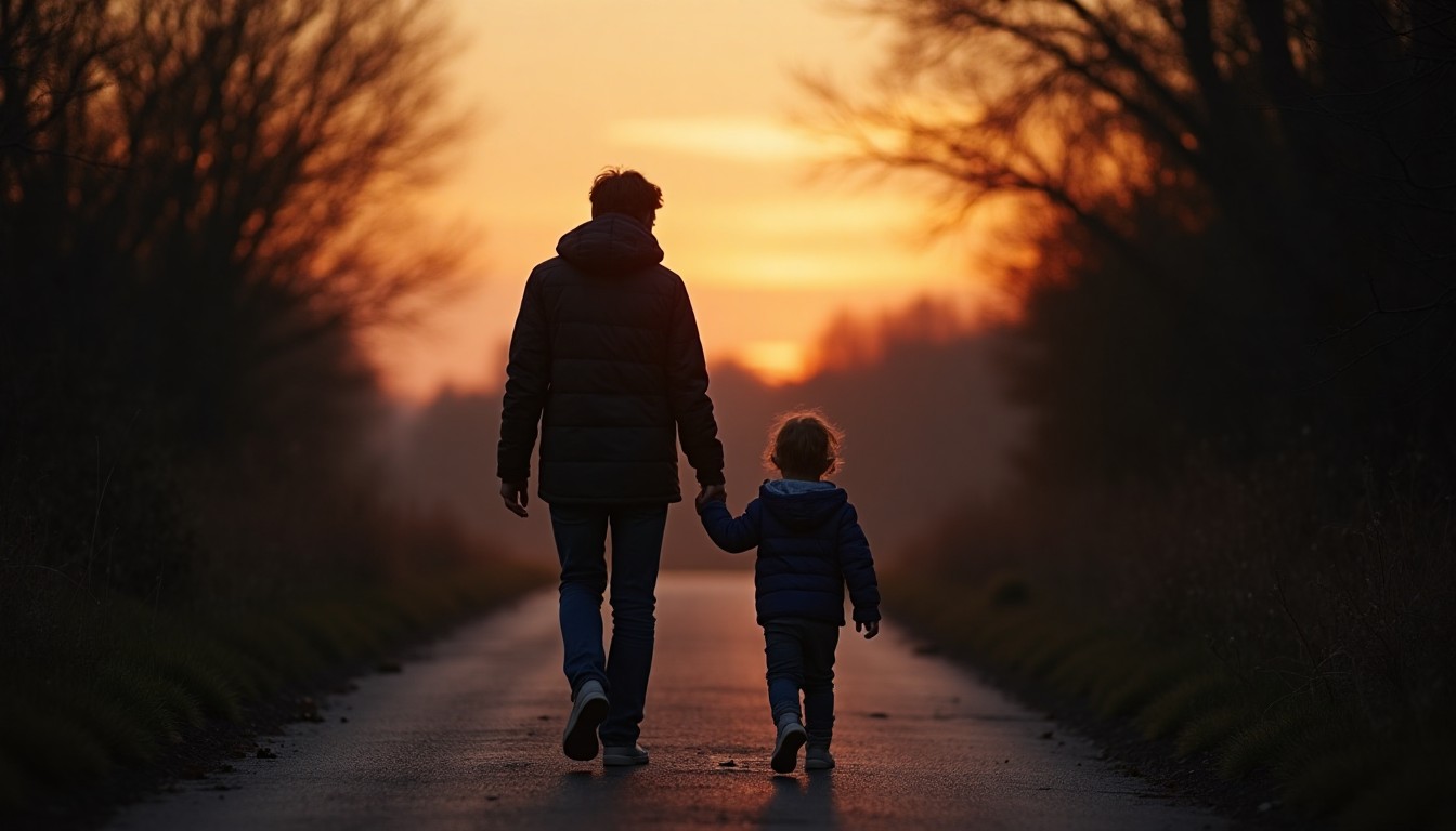 A parent and child shown from behind in soft evening light, representing how childhood survival and parenthood can reshape the way someone understands love.