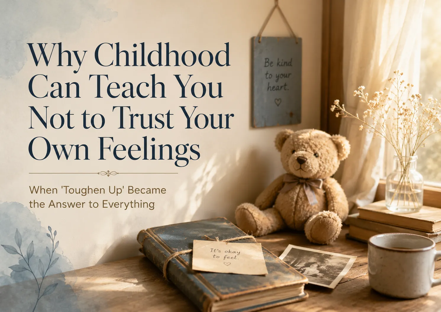 A teddy bear, worn journal, childhood photograph, and handwritten note reading “It’s okay to feel” on a sunlit desk, representing learning to trust emotions after childhood invalidation.