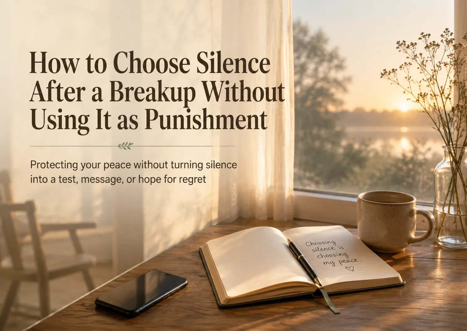 A face-down phone beside an open journal and coffee mug near a sunlit window, representing choosing healing silence after a breakup instead of using absence as punishment.