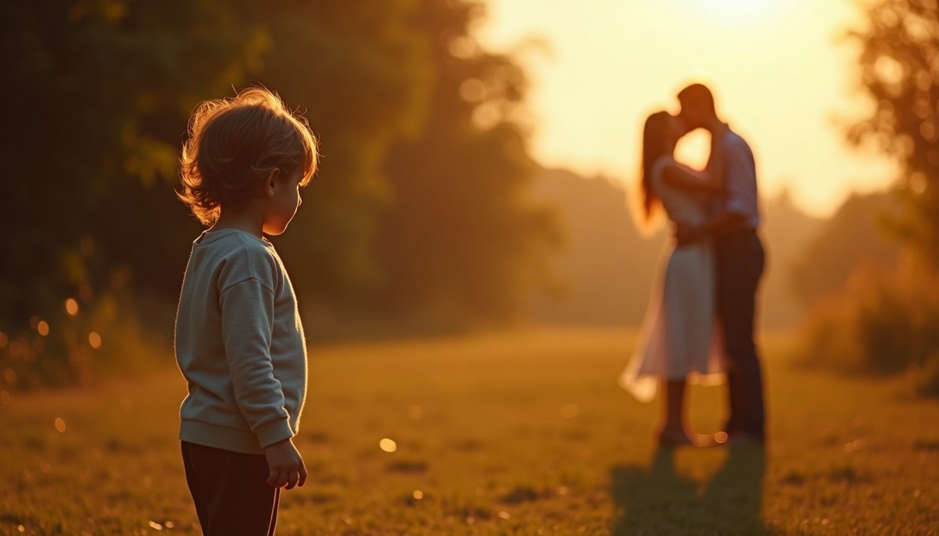 A child standing slightly apart while warmth and affection are shared nearby, representing the feeling of seeing love clearly while believing it is not freely given to you.
