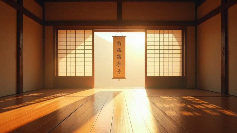 An empty martial arts training room with soft light on the floor, symbolizing discipline, survival, and lonely strength.
