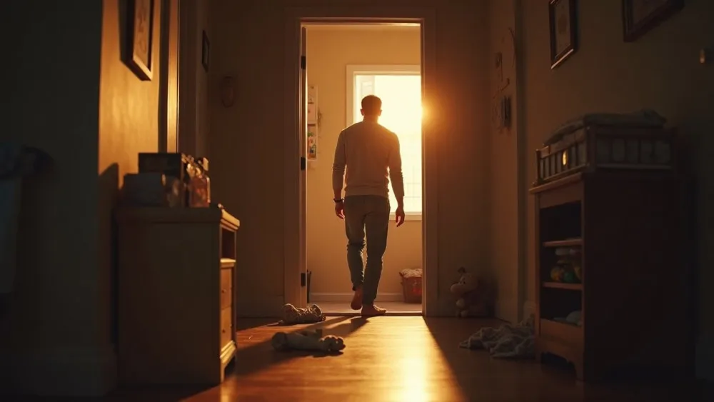 A father standing quietly in a dim hallway near a child’s room, representing the quiet fear, love, and vulnerability that can come with fatherhood.