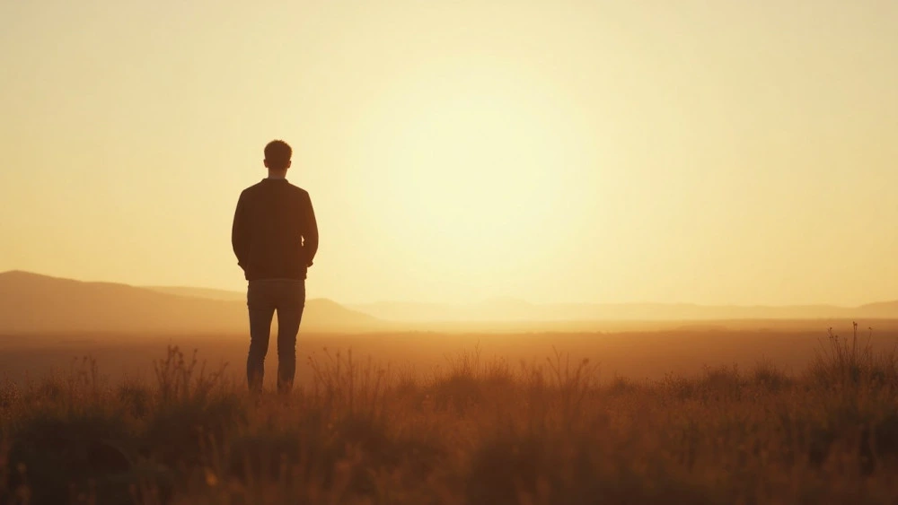 A man standing alone in the sunset.