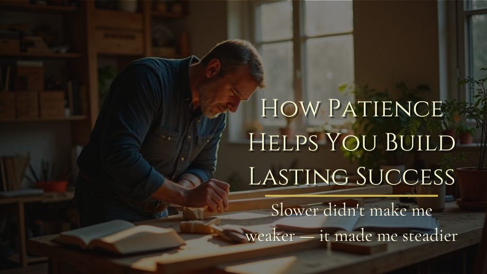 A man carefully measures and assembles a wooden project in a quiet workshop beside tools, a journal, Bible, and morning light.