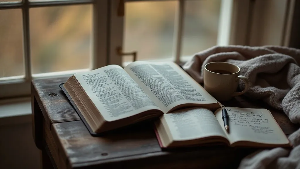 An open Bible beside a mug in dim, quiet light, reflecting spiritual exhaustion, grief, and honest faith in a hard season.
