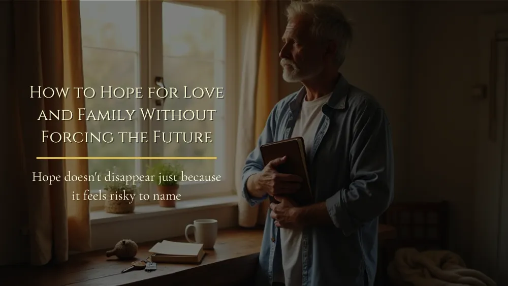 A man stands quietly near a window holding a journal beside a Bible, folded note, house key, coffee cup, and small wooden toy.