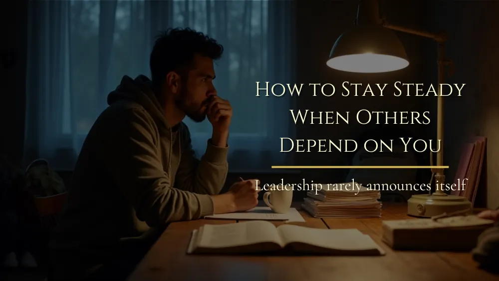 A father sits alone at a kitchen table with a notebook, Bible, coffee mug, bills, and a child’s drawing in the quiet evening light.