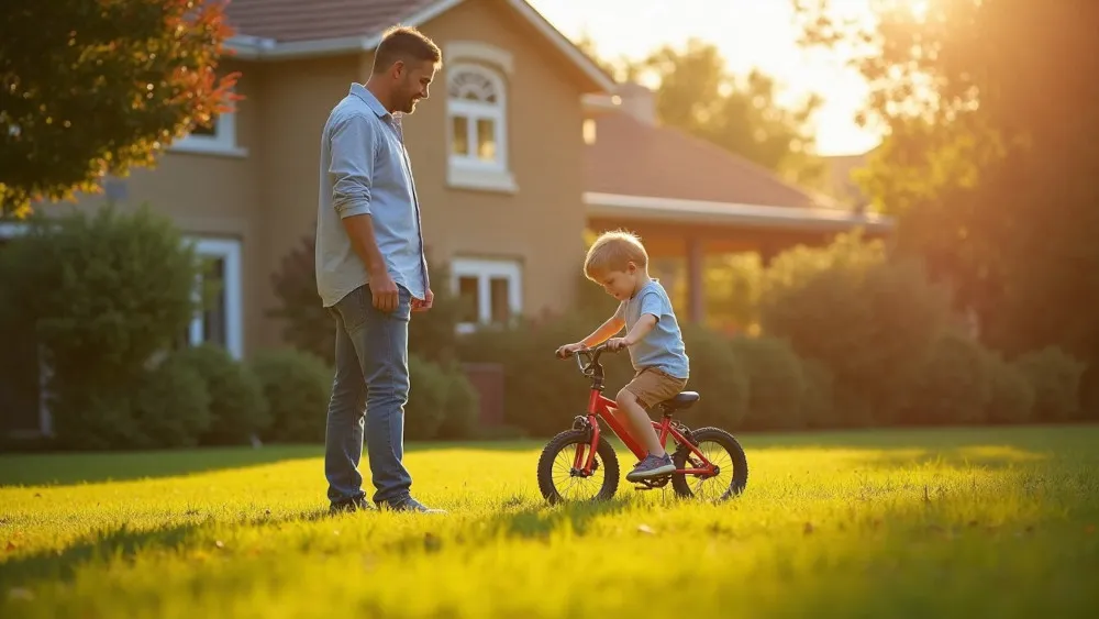 A father watching calmly as his child tries something independently, representing trust, growth, and learning to step back without disappearing.