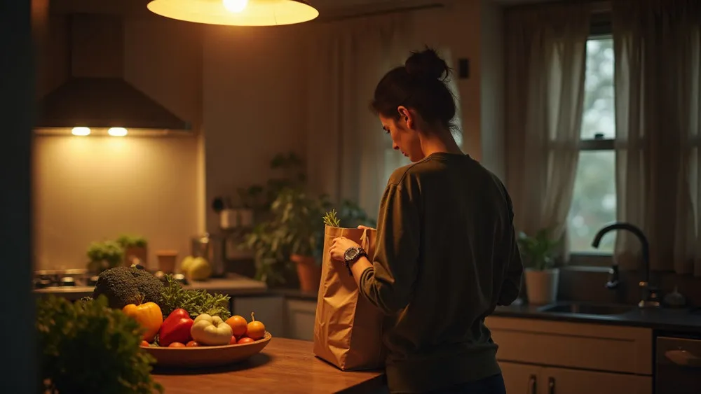 A lone person standing in a dim kitchen with groceries or a packed lunch on the counter, representing love expressed through provision and responsibility instead of emotional connection.