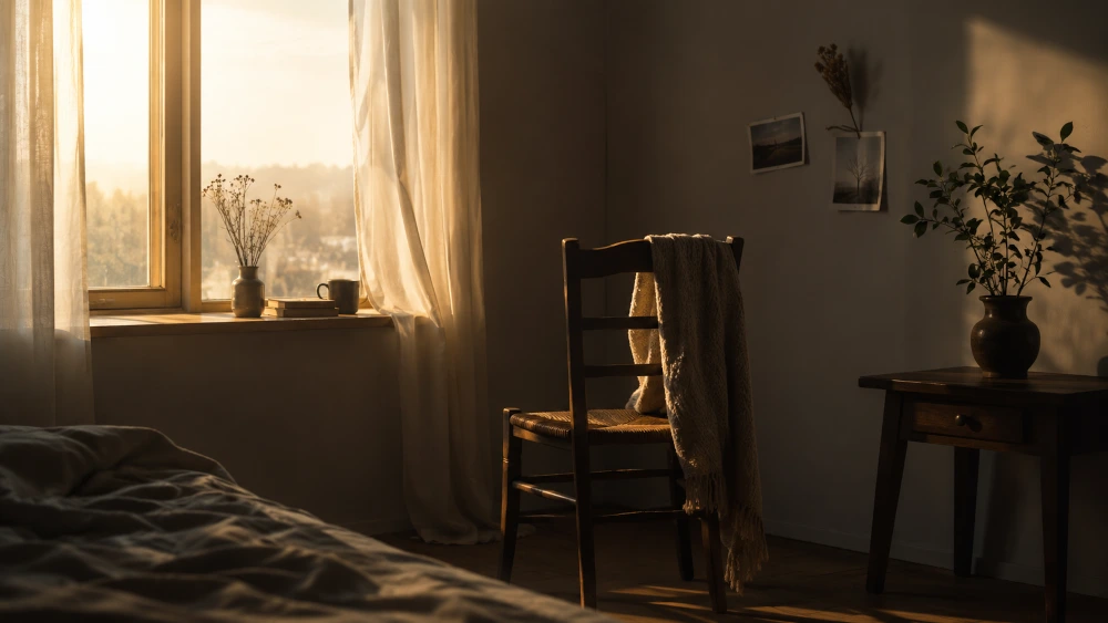 A quiet room with an empty chair near a softly lit window, symbolizing emotional reflection, unhealthy attachment, and learning the difference between intensity and real love.