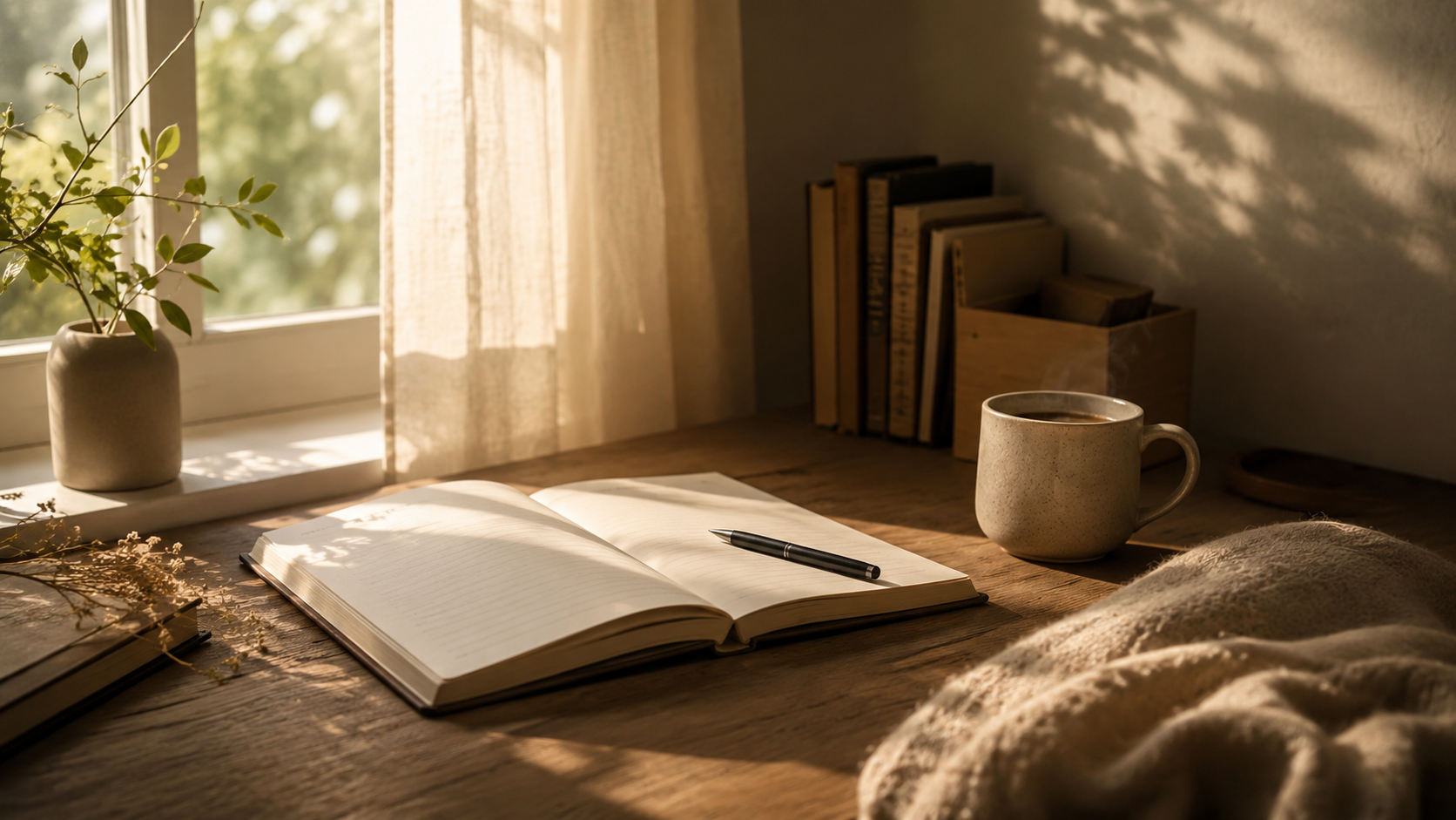 A quiet desk with a notebook and soft morning light, used as a visual metaphor for personal growth that happens without public recognition.
