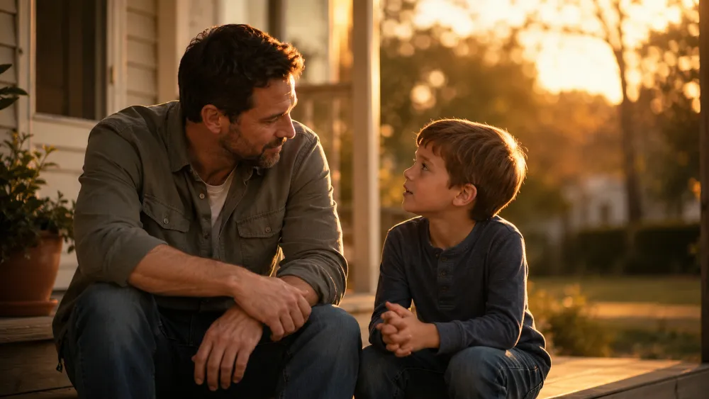 A father sitting beside his child in warm evening light, listening attentively and symbolizing presence, patience, and the quiet moments that shape fatherhood.