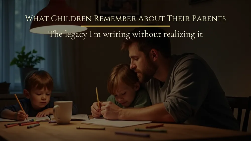 A father sits at a warm kitchen table with two children, listening while they work on homework and drawings in a quiet home.
