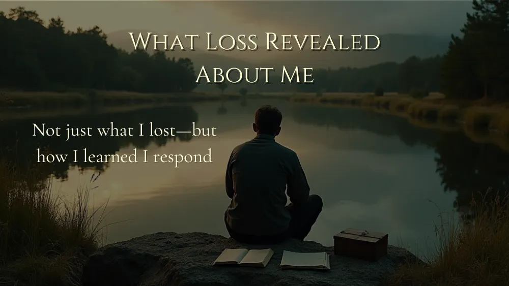 A man sits alone beside a quiet lake at dusk with an open journal, papers, and a small wooden box beside him.