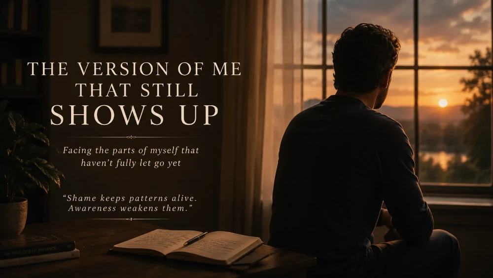 A man stands near a mirror in soft light, reflecting on old patterns and the person he is becoming.